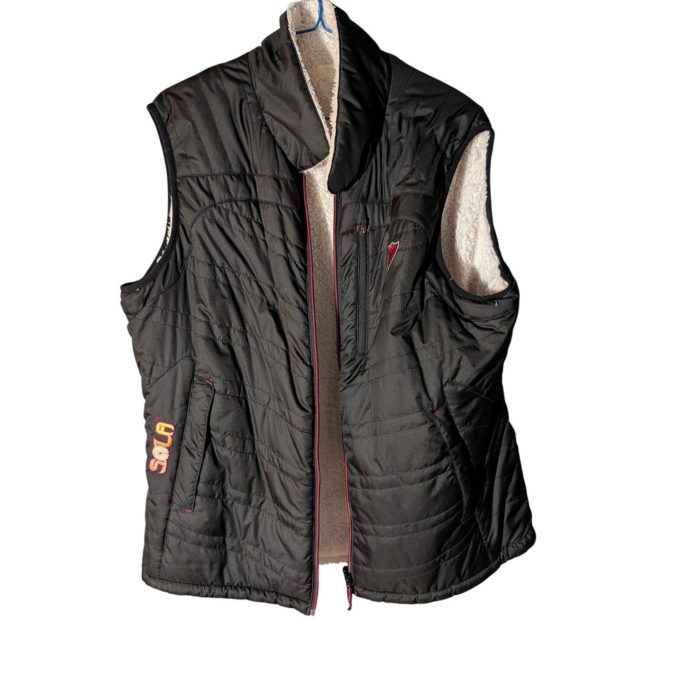 Sola Womens XL Quilted Puffer Vest Black Sherpa Lined Full Zip Buck Shield Logo